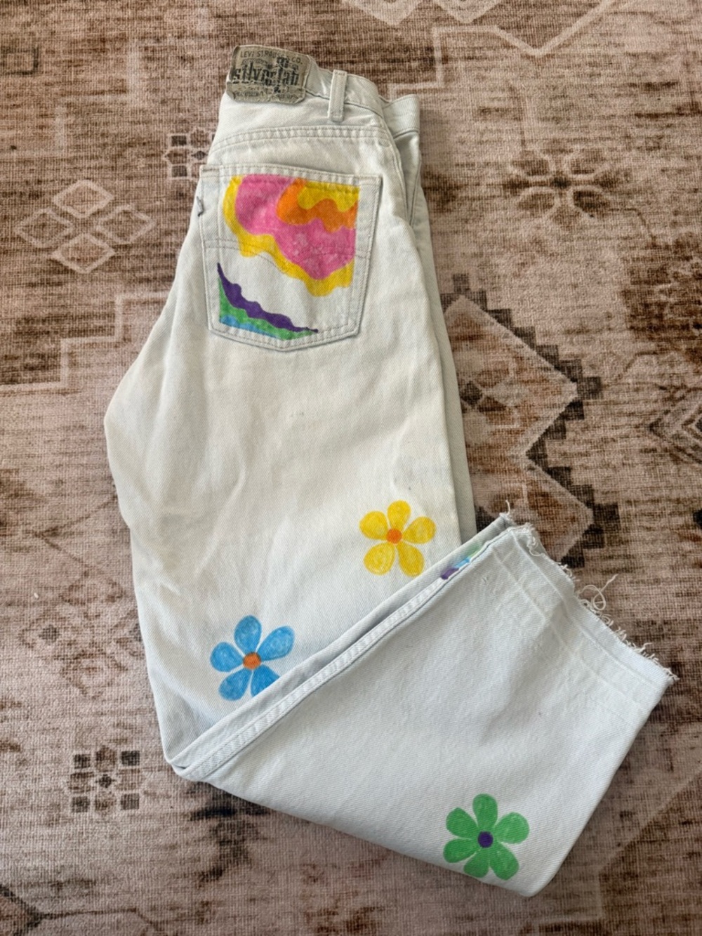 White Straight-Leg Jeans with Colorful Hand-Painted Floral Accents